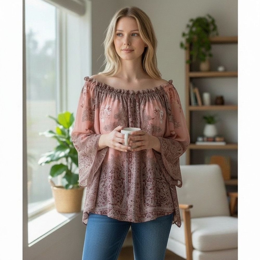 Soho New York Company Jeans Blouse XL Off The Shoulder Kimono Sleeves Boho